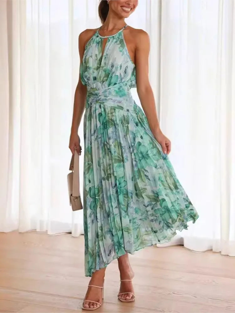 Fashion Print Halter Neck Dresses Women Hollow Out Backless Folds Sleeveless Irregular Hem Dress Trendy Lady Summer Vestidos New