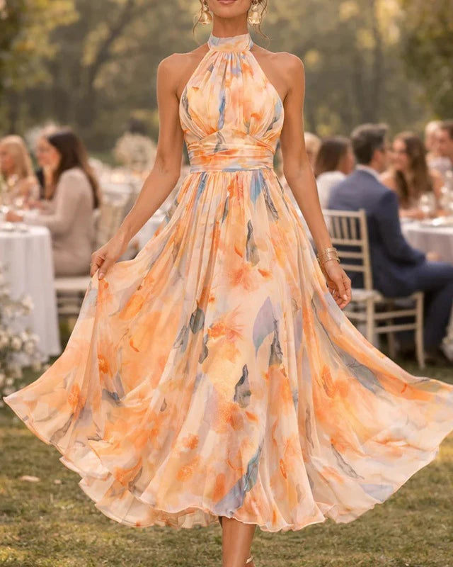 Floral Halter Neck Backless Long Beach Dress