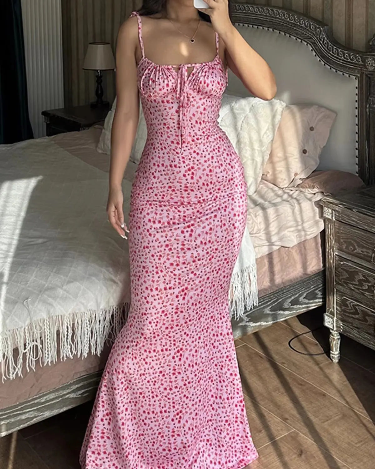 Women's Summer Floral Midi Dress – V-Neck Split