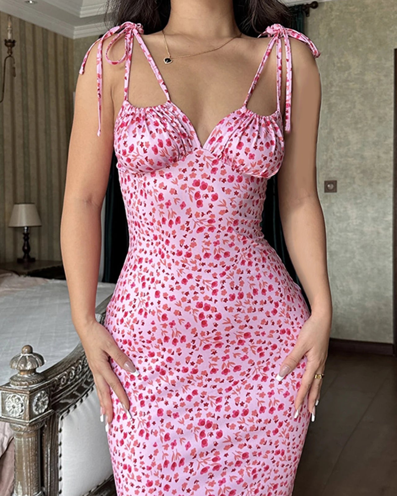 Women's Summer Floral Midi Dress – V-Neck Split