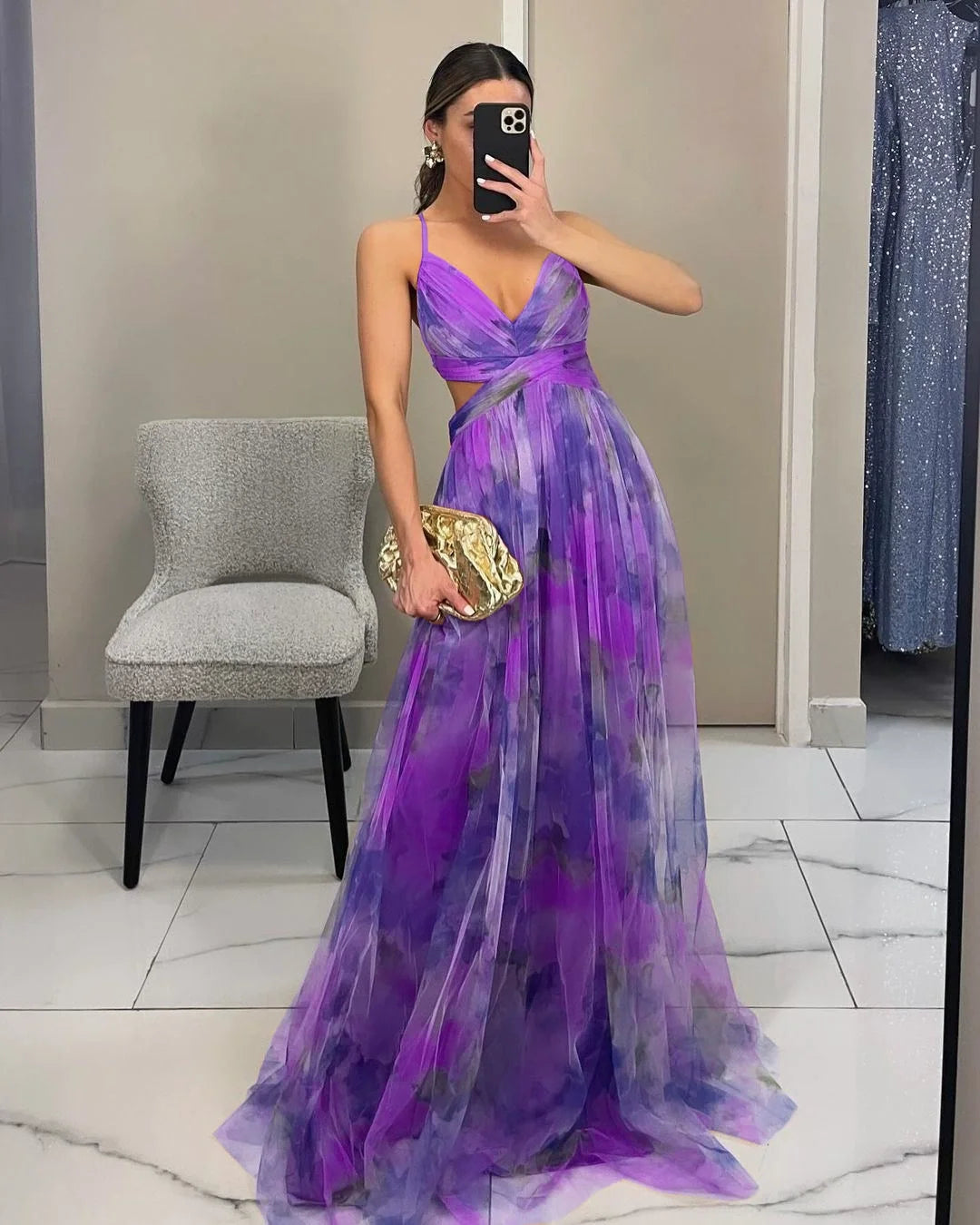 Mesh Floral Print Halter Neck Long Holiday Dress