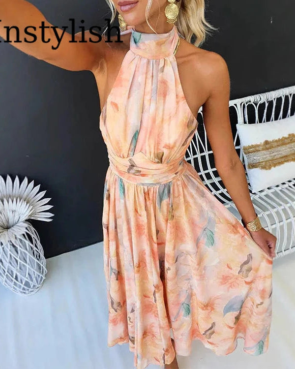 Floral Halter Neck Backless Long Beach Dress