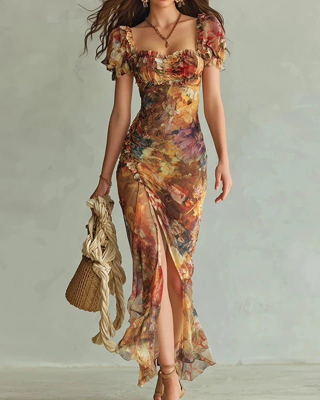 Square Neck High Slit Floral Print Maxi Dress