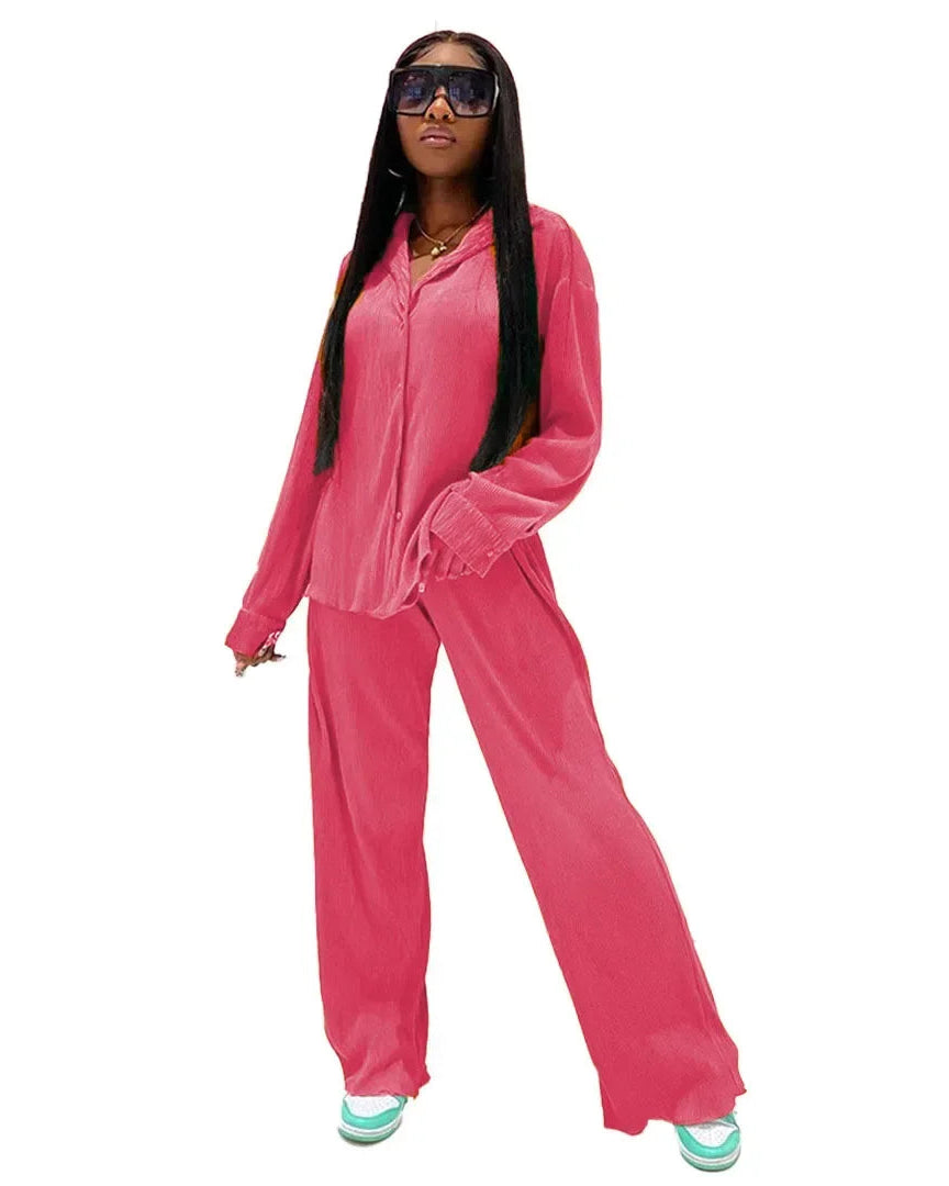 Long Sleeve Shirt & Wide Leg Pants Two-Piece Tracksuit