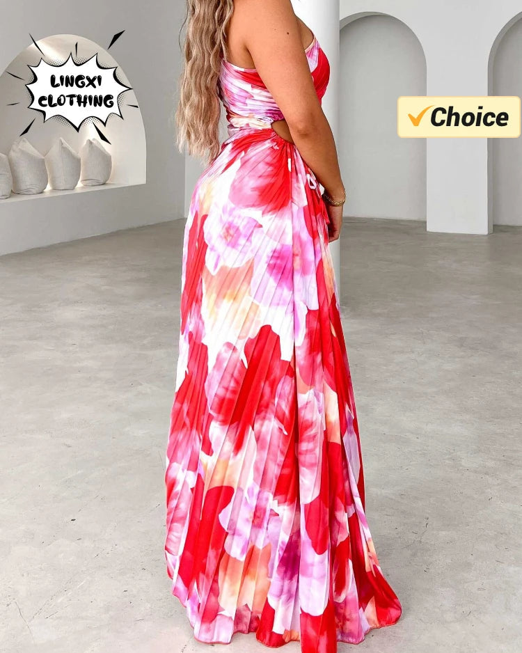 One-Shoulder Hollow Cut Sleeveless Maxi Dress