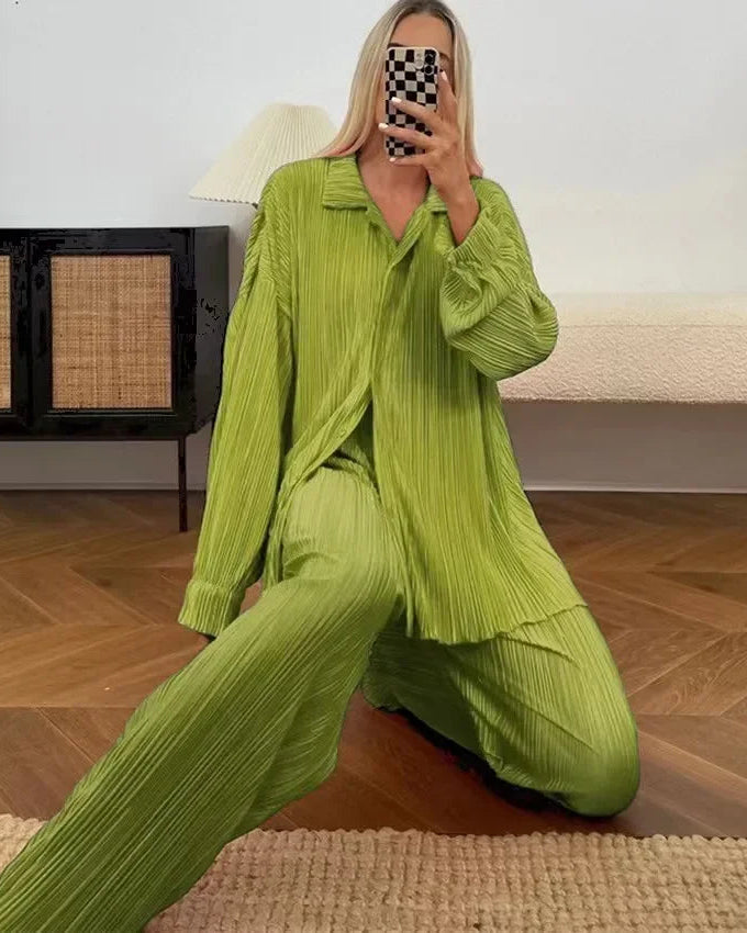 Long Sleeve Shirt & Wide Leg Pants Two-Piece Tracksuit