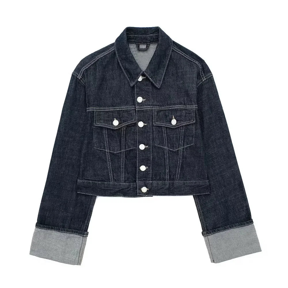 Vintage Lapel Denim Jacket | Single Breasted Long Sleeve with Pockets