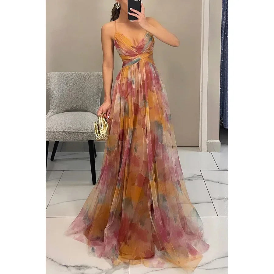 Mesh Floral Print Halter Neck Long Holiday Dress