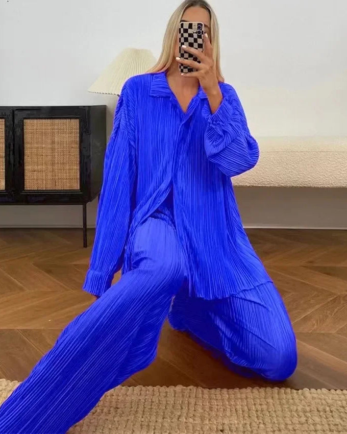Long Sleeve Shirt & Wide Leg Pants Two-Piece Tracksuit