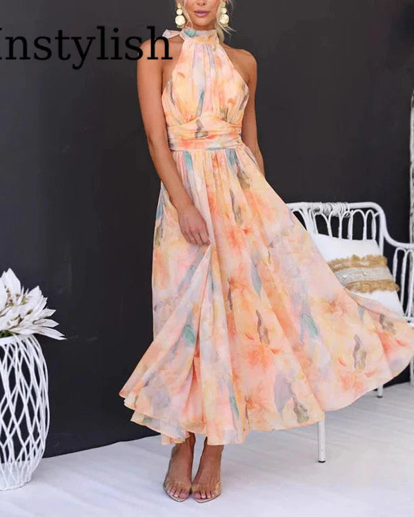 Floral Halter Neck Backless Long Beach Dress