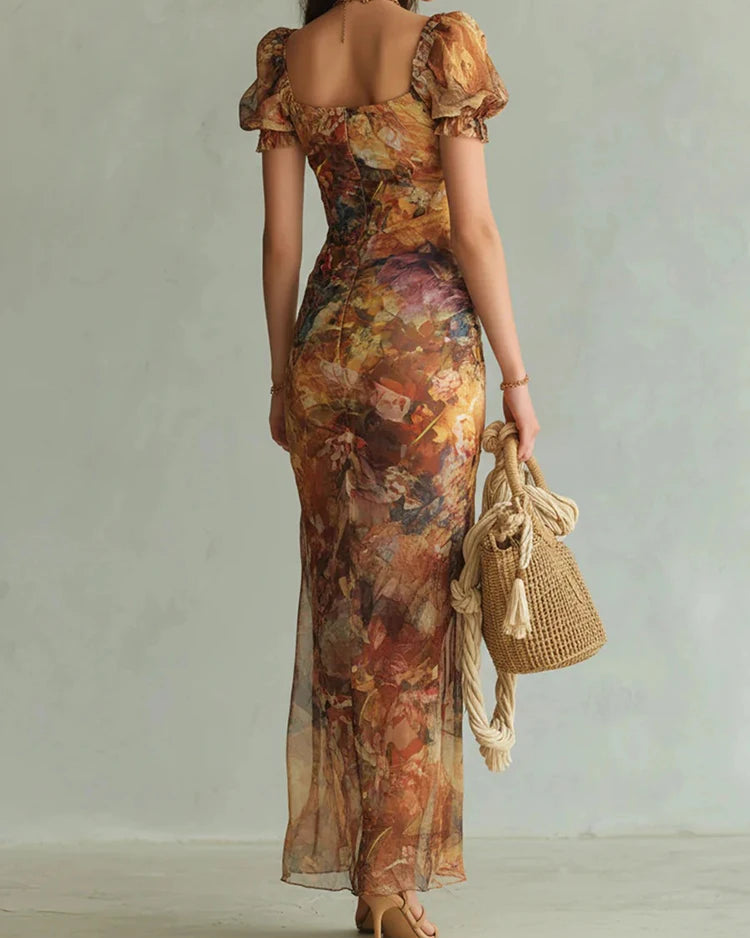 Square Neck High Slit Floral Print Maxi Dress