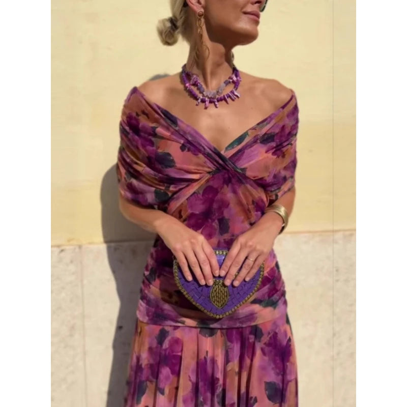 Elegant French Style Mesh Printed Midi Dress Sexy V Neck Spliced Off Shoulder Dresses For Vacation Casual Party Evening Wedding