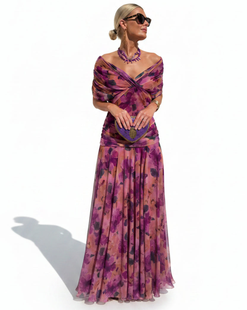 V-Neck Off Shoulder Mesh Print Elegant Midi Dress
