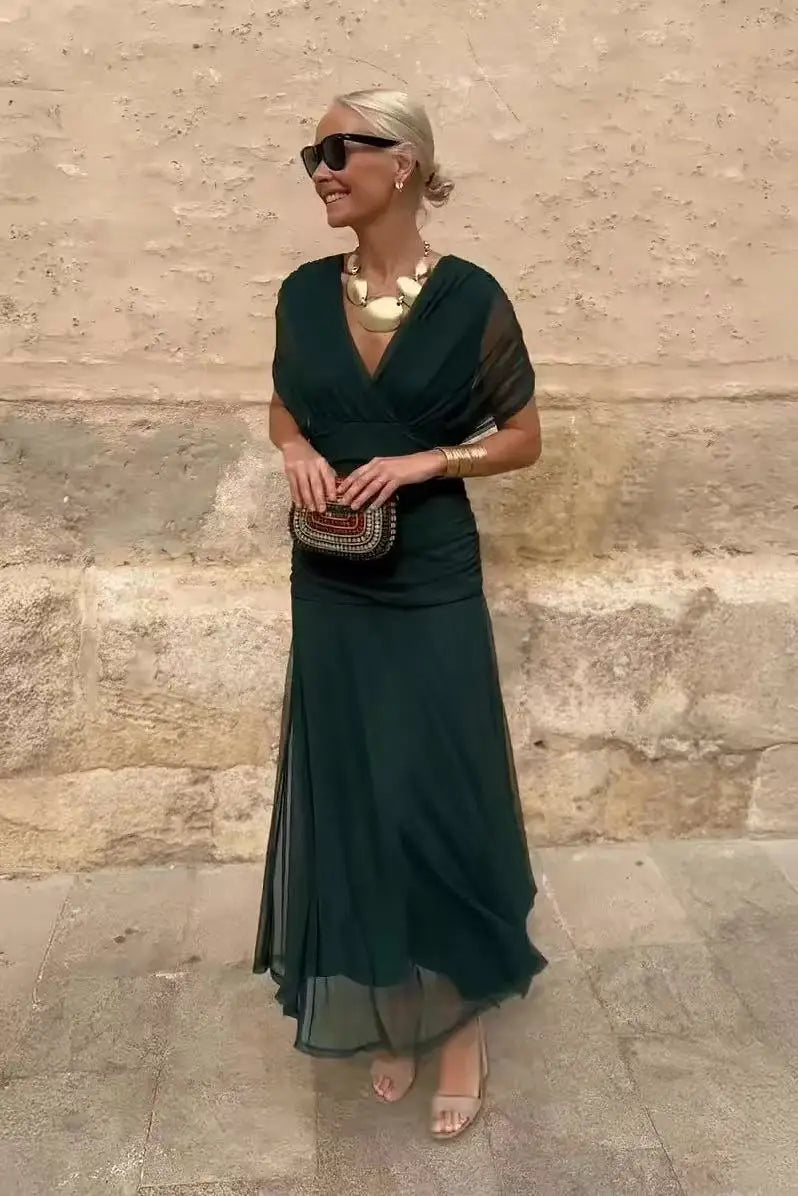 V-Neck Off Shoulder Mesh Print Elegant Midi Dress