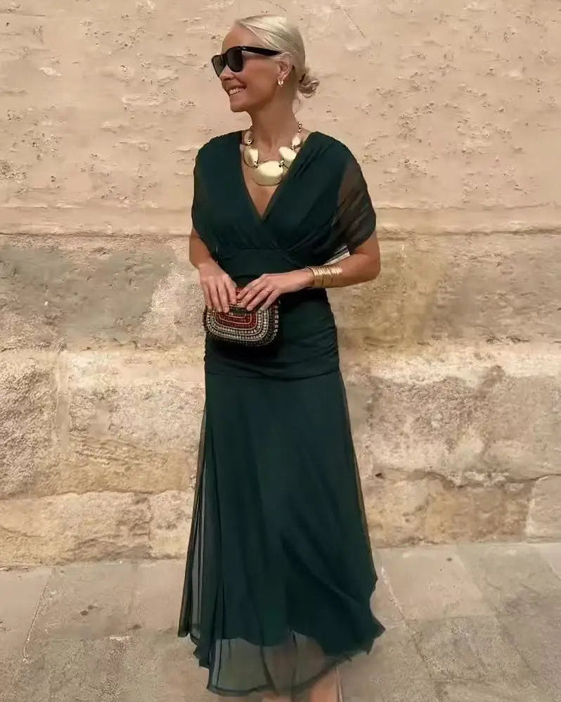 V-Neck Off Shoulder Mesh Print Elegant Midi Dress