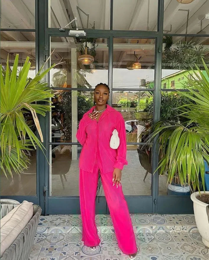 Long Sleeve Shirt & Wide Leg Pants Two-Piece Tracksuit