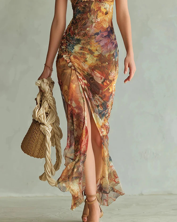 Square Neck High Slit Floral Print Maxi Dress
