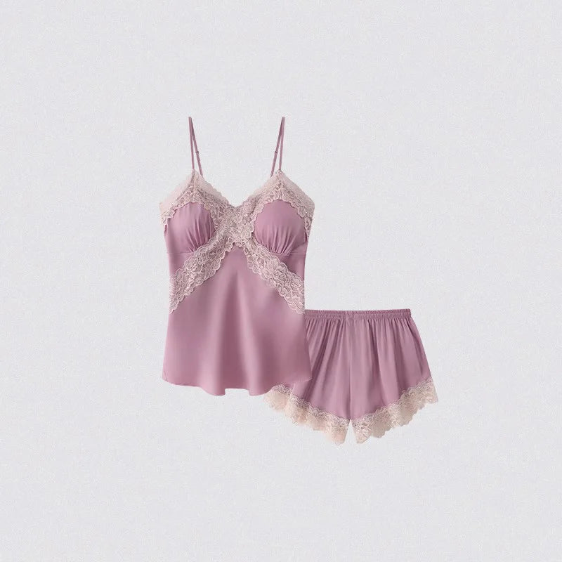 Satin Lace Trim Cami Top & Shorts Pajama Set