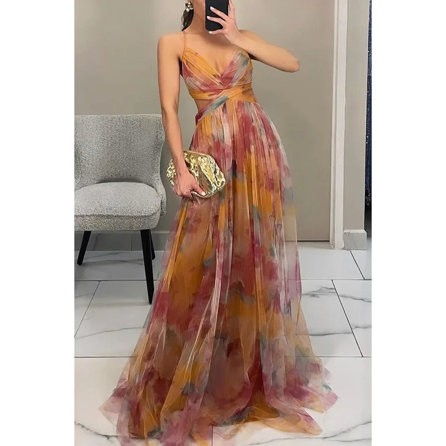 Mesh Floral Print Halter Neck Long Holiday Dress
