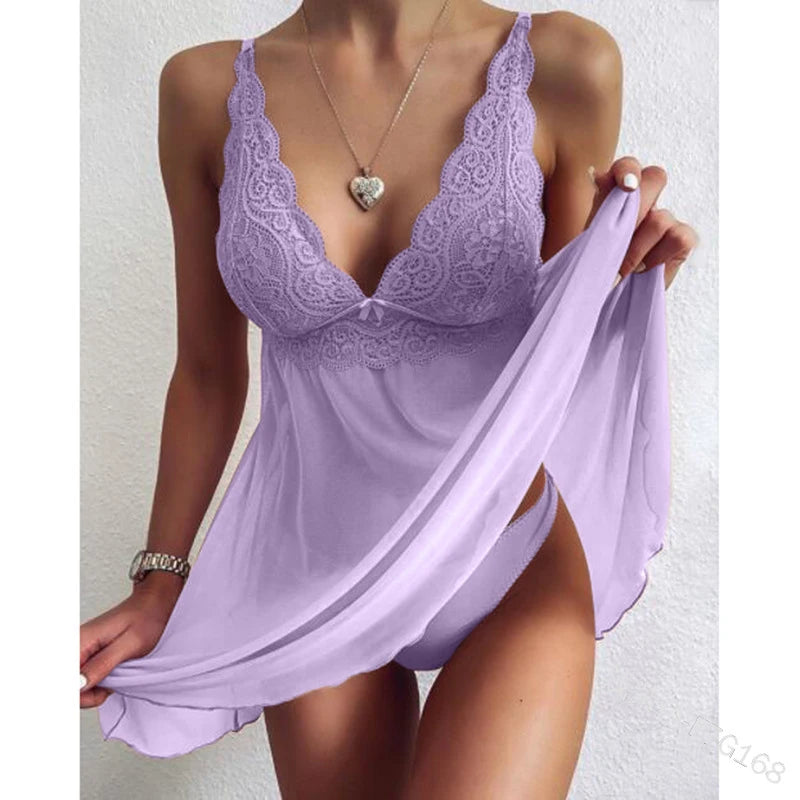 Lace Ruffle Trim Babydoll Lingerie Set with Thong