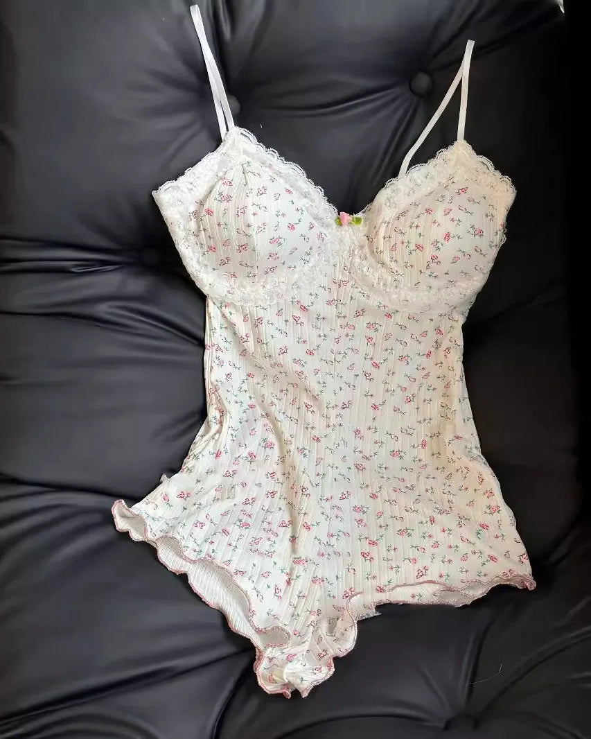 Floral Print Lace Trim Sleeveless Bodysuit