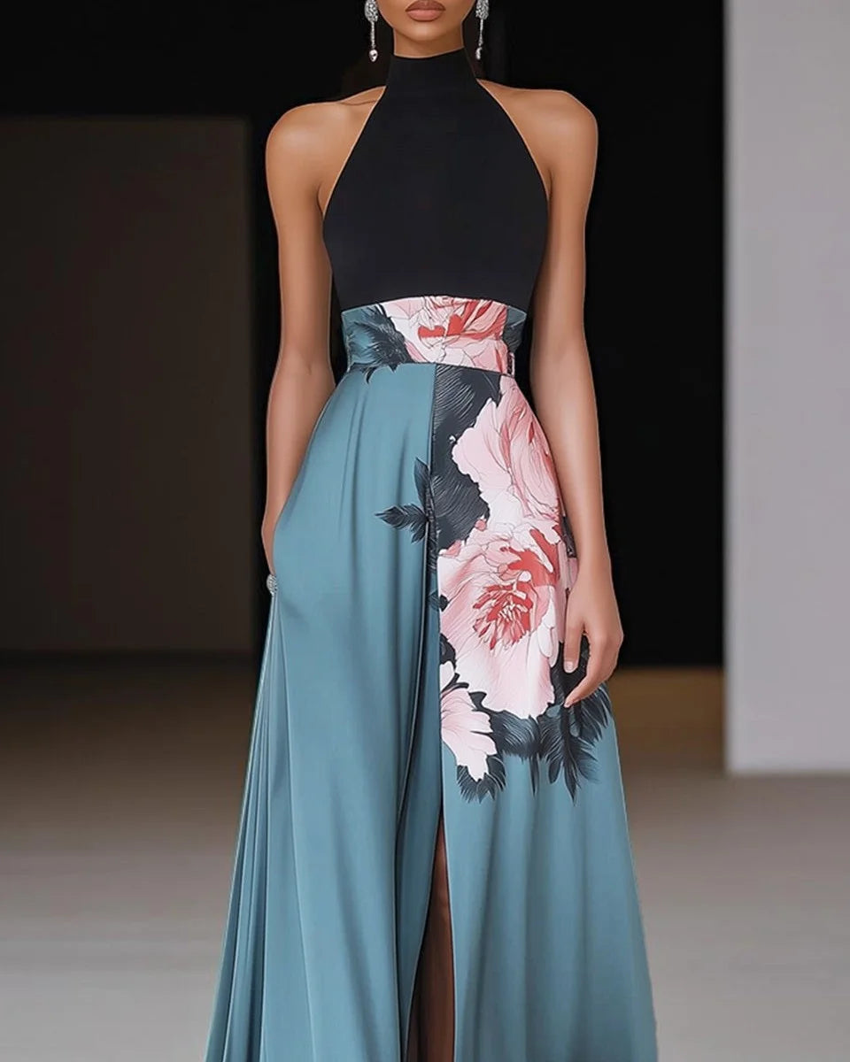 Floral Print Backless High Waist Boho A-Line Dress