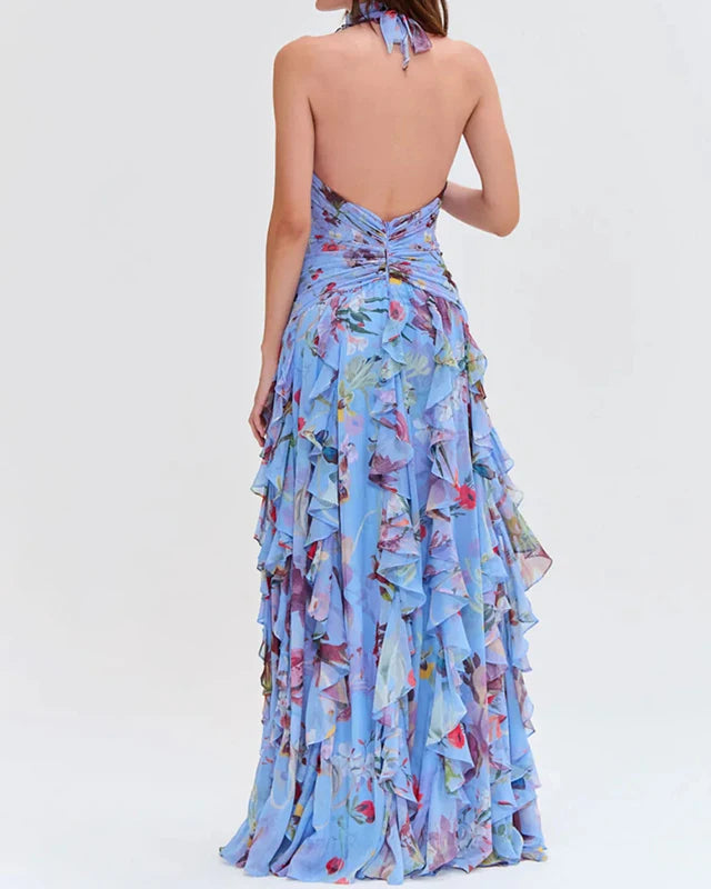 Deep V-Neck Halter Print Slim Party Maxi Dress