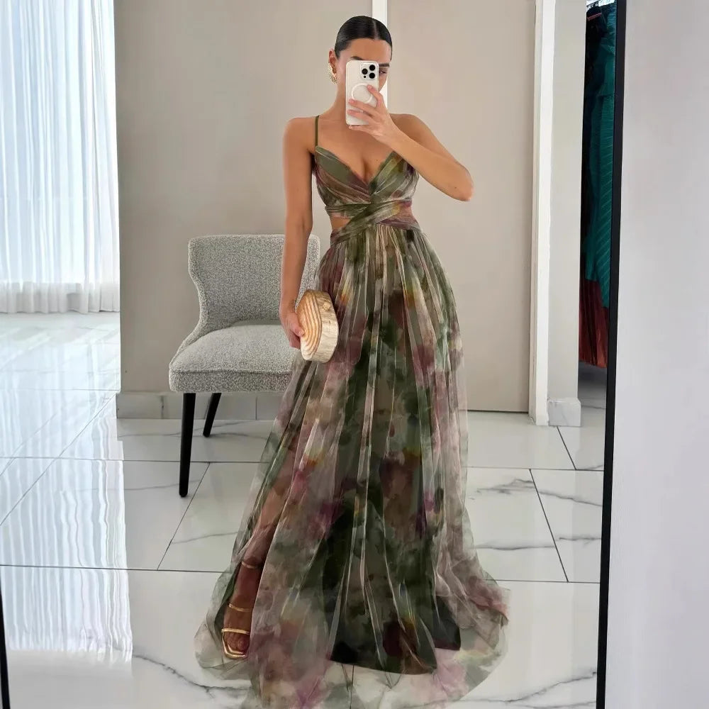 Mesh Floral Print Halter Neck Long Holiday Dress