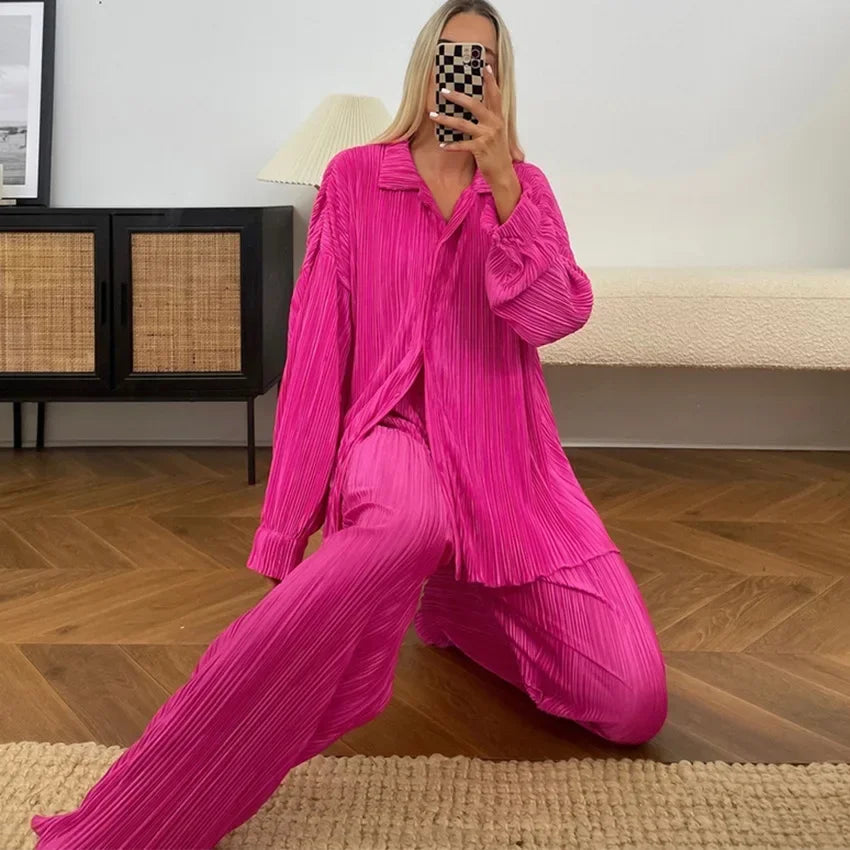 Long Sleeve Shirt & Wide Leg Pants Two-Piece Tracksuit