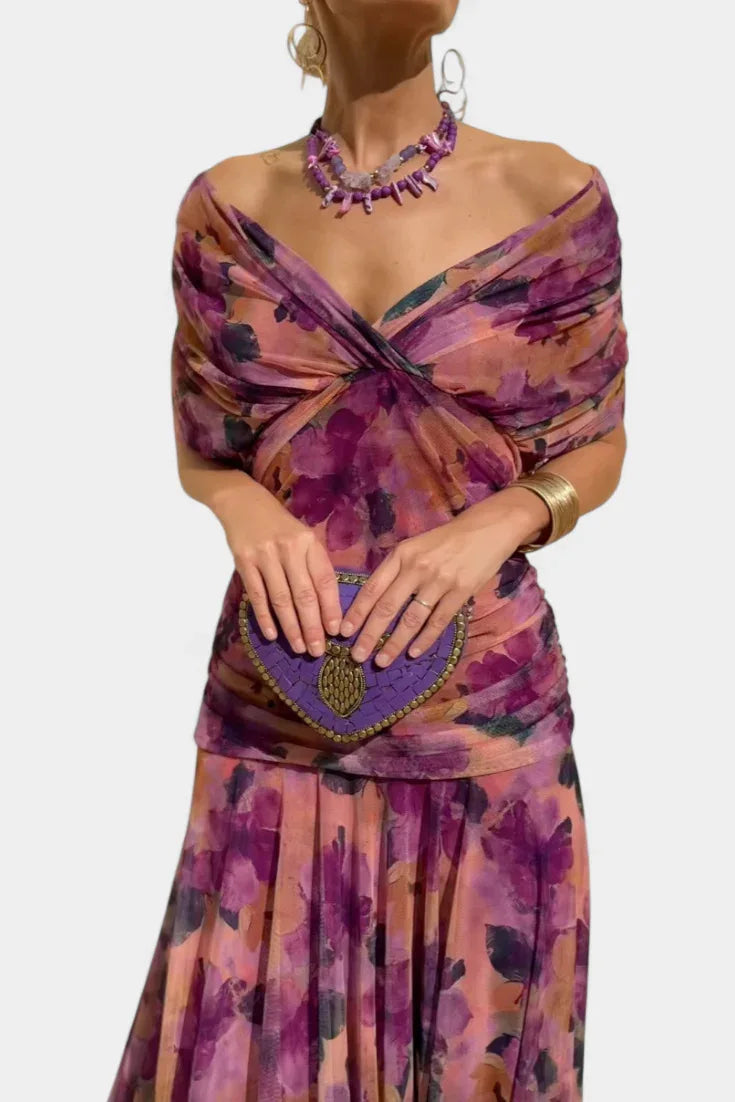 V-Neck Off Shoulder Mesh Print Elegant Midi Dress