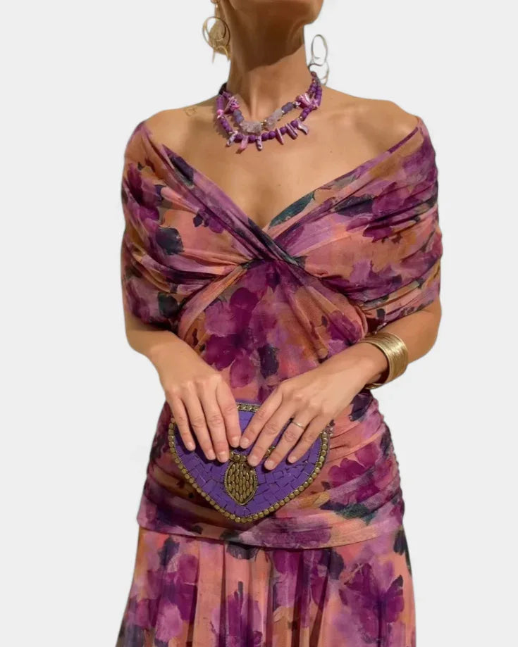 V-Neck Off Shoulder Mesh Print Elegant Midi Dress