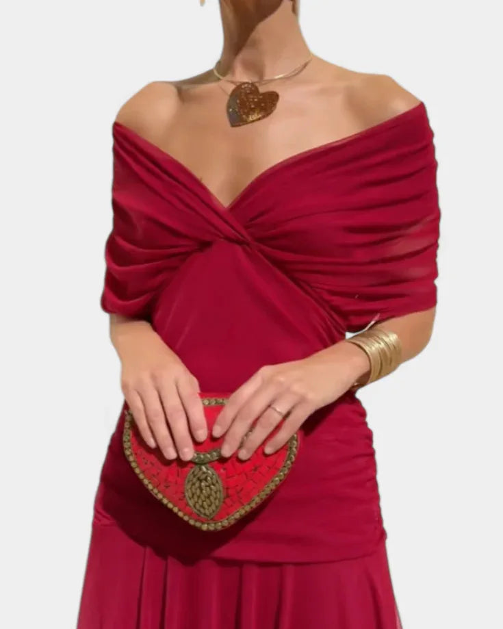 V-Neck Off Shoulder Mesh Print Elegant Midi Dress