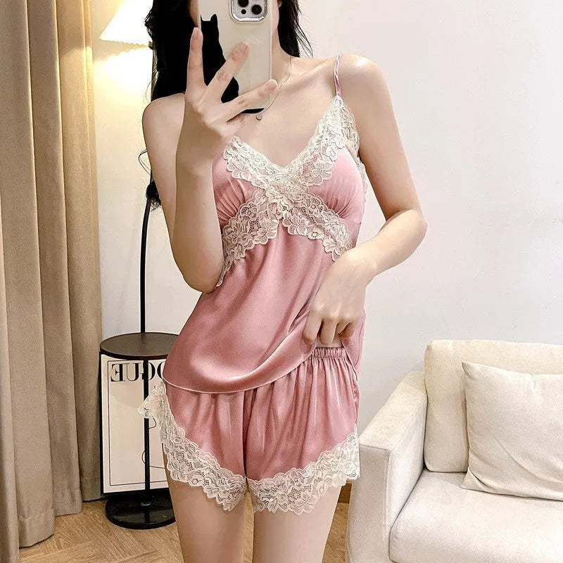 Satin Lace Trim Cami Top & Shorts Pajama Set