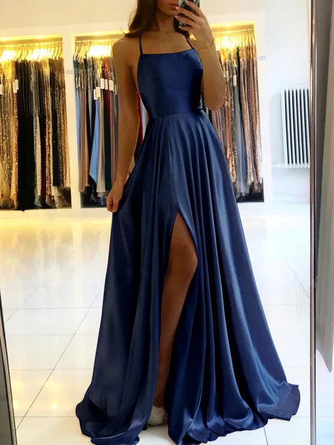 Satin A-Line Maxi Bridesmaid Dress | Side Slit Spaghetti Strap Gown