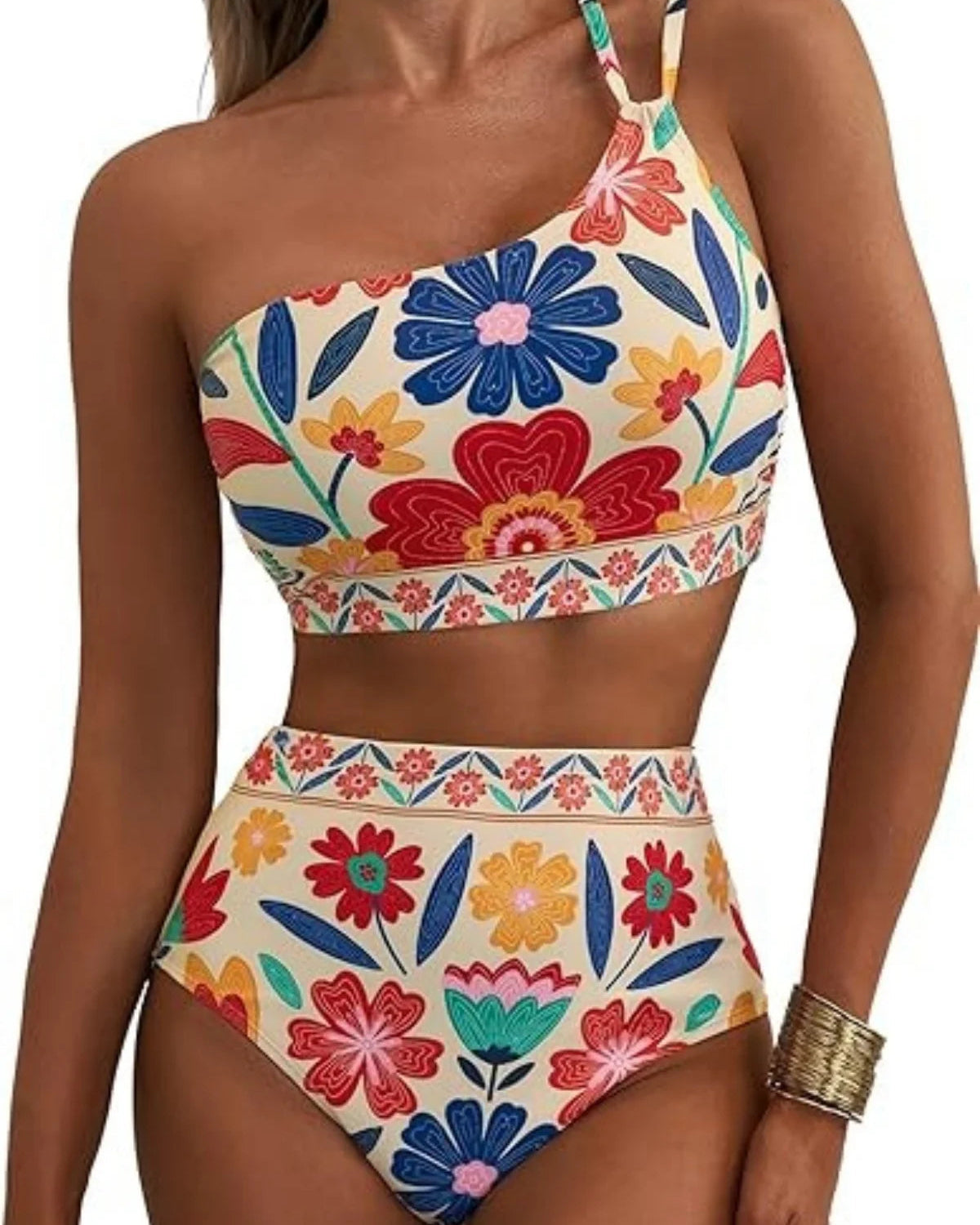 One Shoulder Patchwork High Waist Bikini