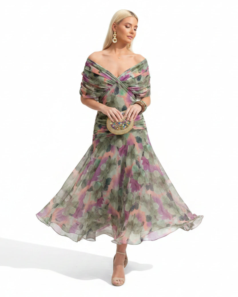 V-Neck Off Shoulder Mesh Print Elegant Midi Dress