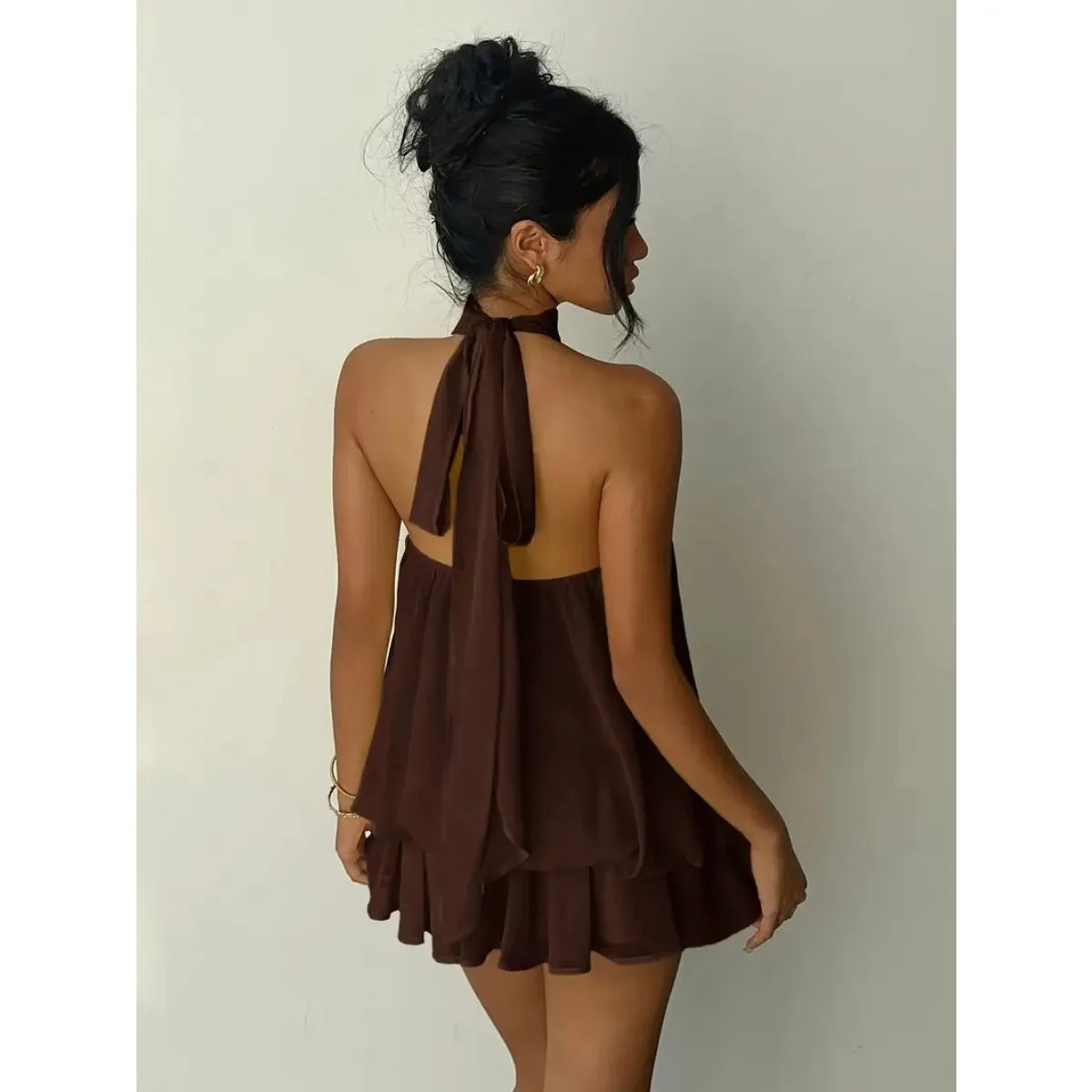 Halter Tie-Front Chiffon Sheer Backless Mini Dress