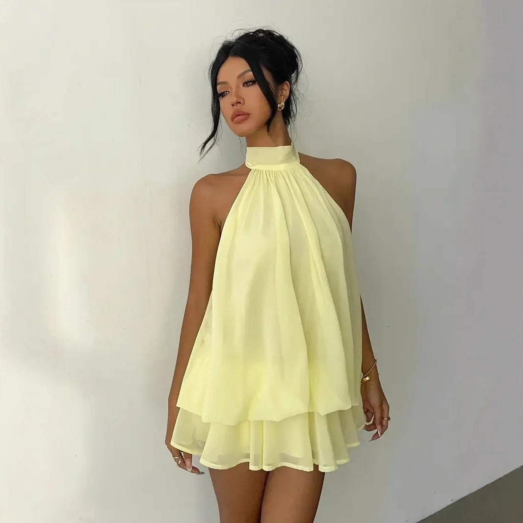 Halter Tie-Front Chiffon Sheer Backless Mini Dress