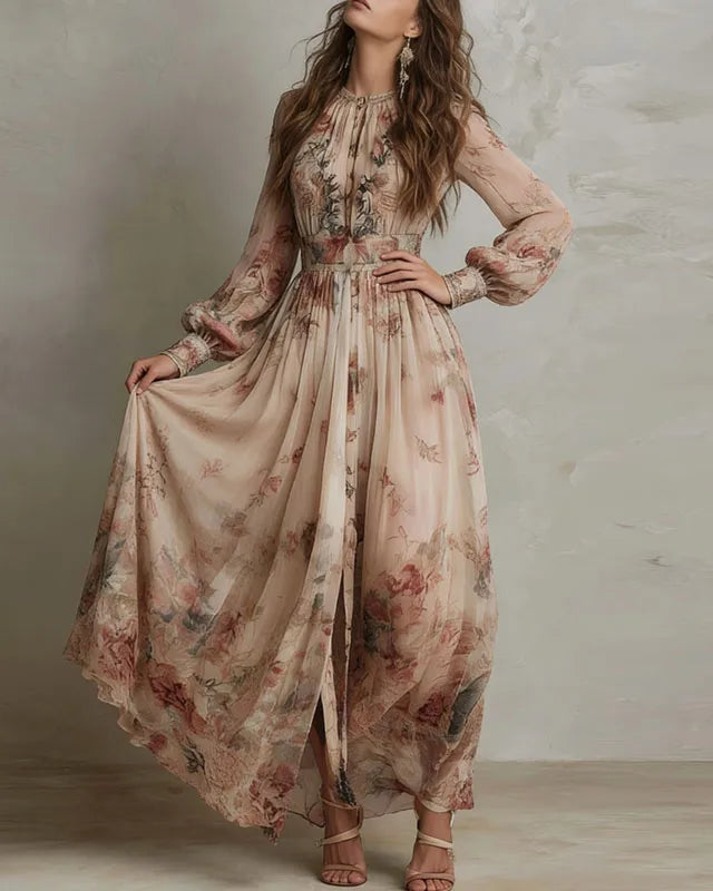 Women's Vintage Floral Print High Waist Pleated Maxi Dress