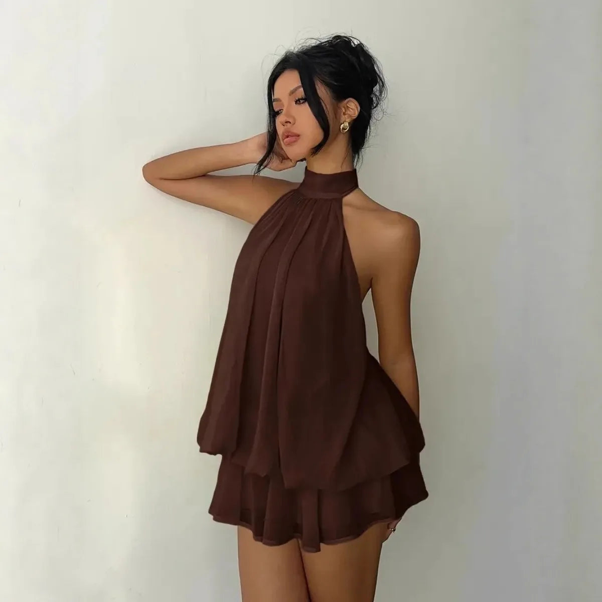 Halter Tie-Front Chiffon Sheer Backless Mini Dress