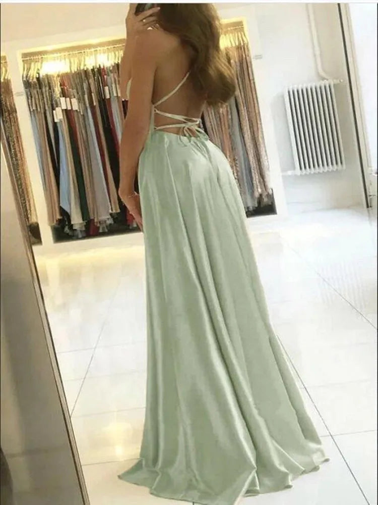 Satin A-Line Maxi Bridesmaid Dress | Side Slit Spaghetti Strap Gown