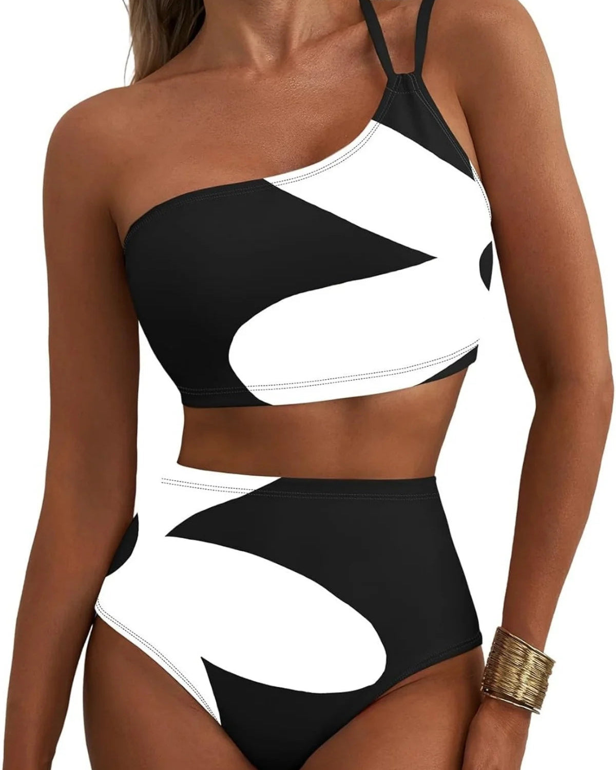One Shoulder Patchwork High Waist Bikini