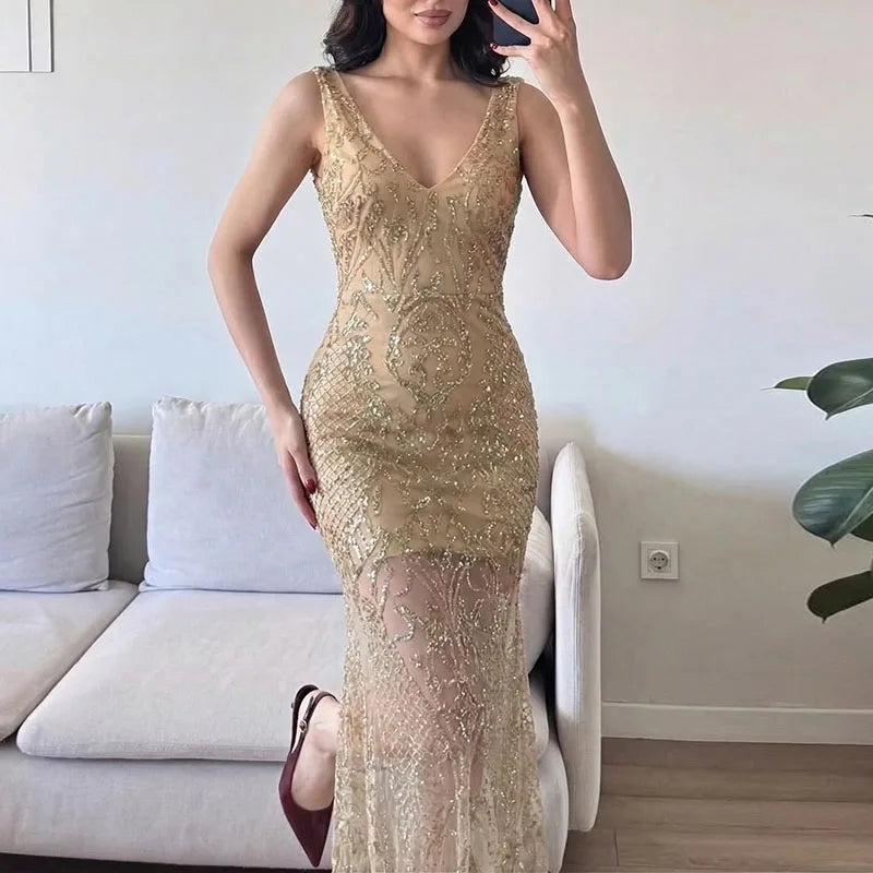 Temperament Solid Color Bodycon Banquet Dress Ladies High Waist Hollow Out Prom Gowns Luxury Sequins Sleeveless Slim Sling Dress