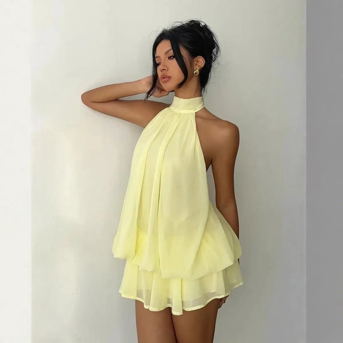 Halter Tie-Front Chiffon Sheer Backless Mini Dress