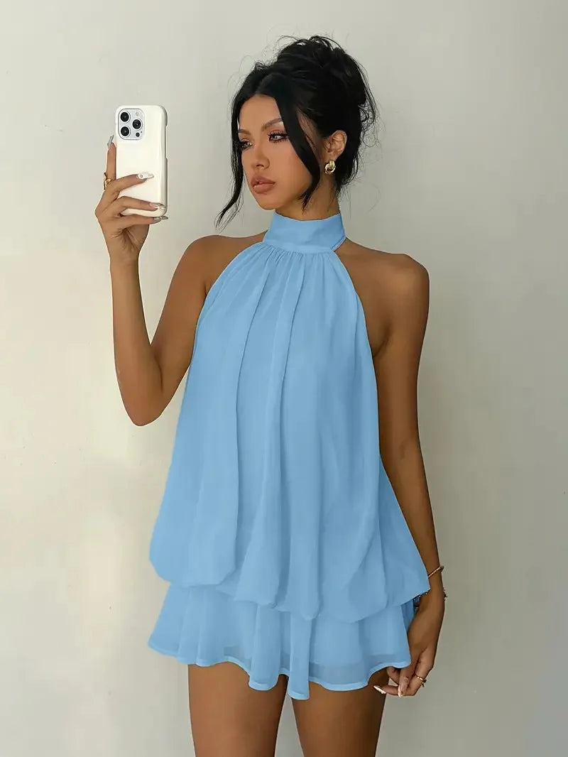Halter Tie-Front Chiffon Sheer Backless Mini Dress