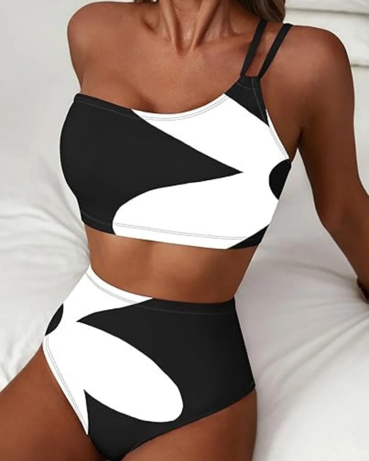 One Shoulder Patchwork High Waist Bikini
