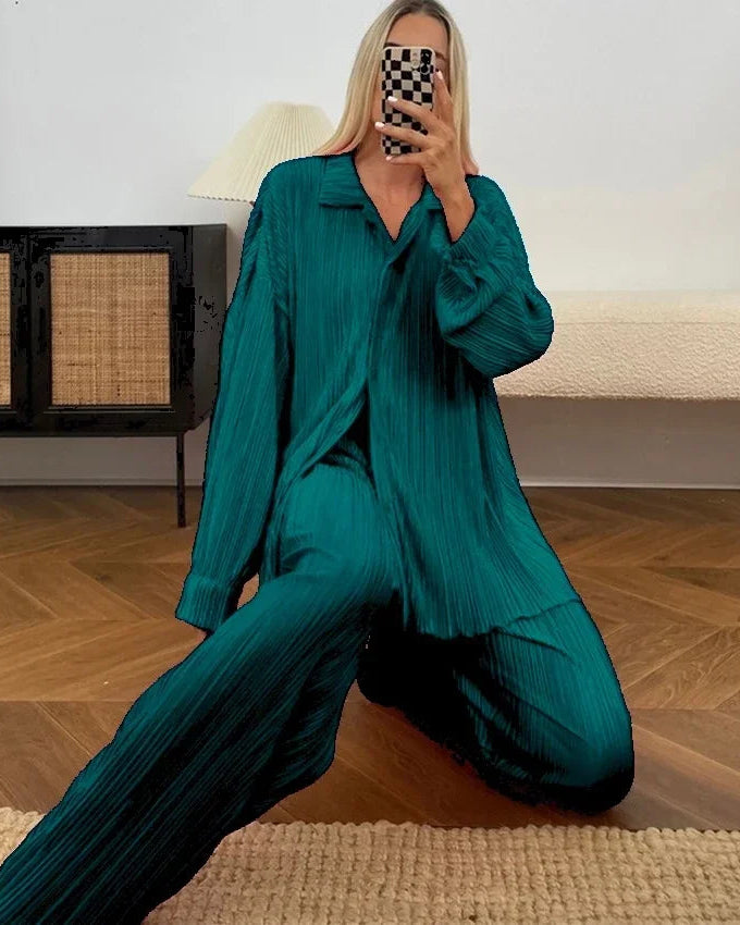 Long Sleeve Shirt & Wide Leg Pants Two-Piece Tracksuit