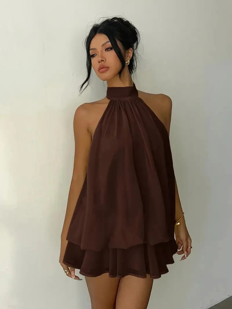 Halter Tie-Front Chiffon Sheer Backless Mini Dress