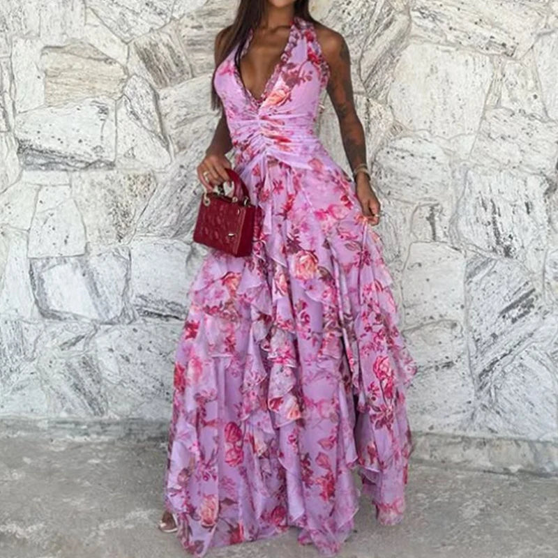 Deep V-Neck Halter Print Slim Party Maxi Dress