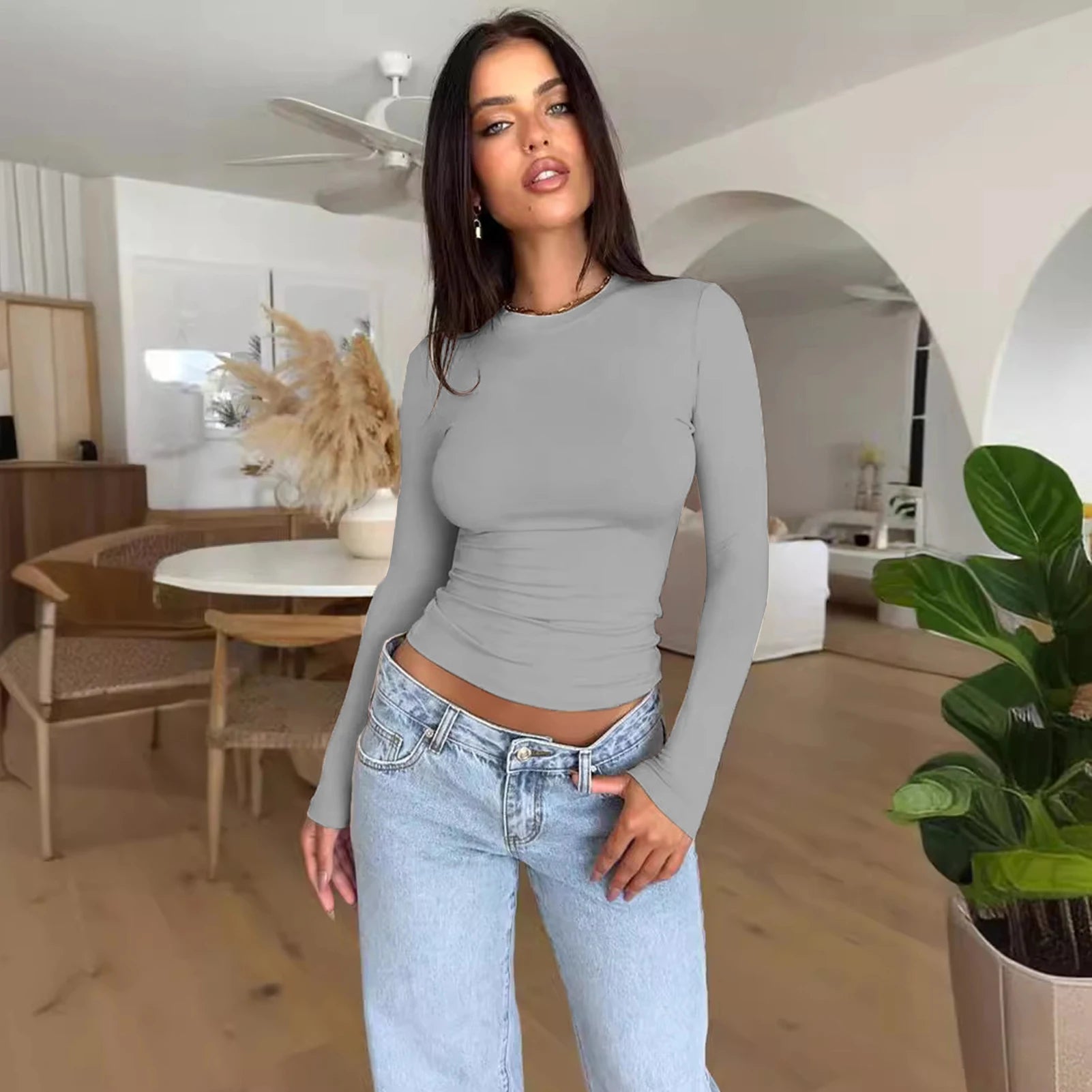Y2K Long Sleeve Crop Top | O-Neck Skinny Pullover